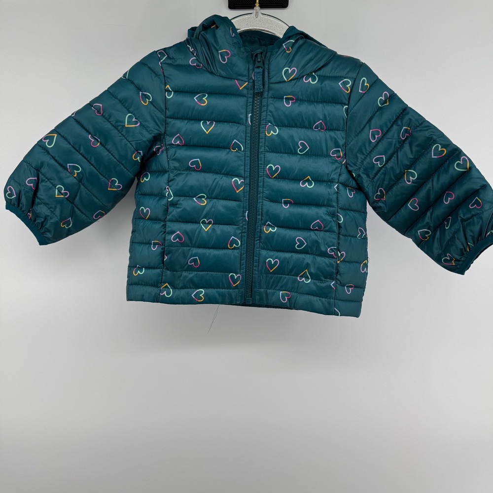 Jumping Beans Girls Teal Heart Puffer Hooded Jacket 12 Months